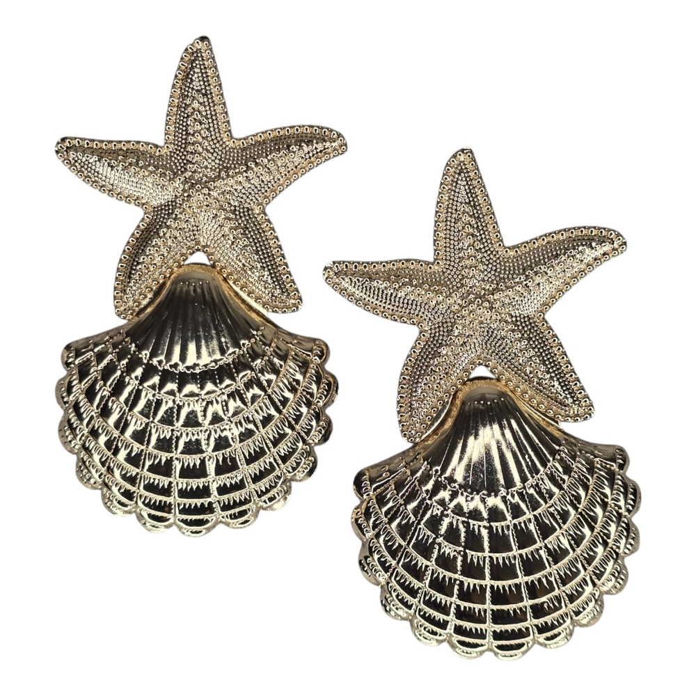 Gold Bold Starfish Scallop Shell Drop Earrings Coastal Ocean Summer Tropical
